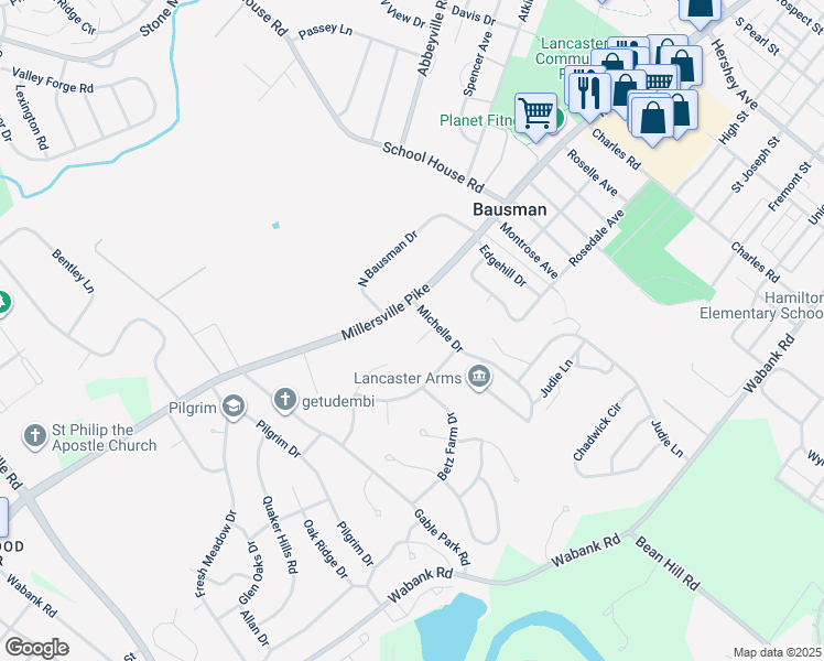 map of restaurants, bars, coffee shops, grocery stores, and more near 1703 Saint Paul Circle in Lancaster