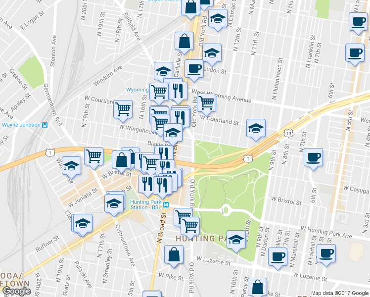 map of restaurants, bars, coffee shops, grocery stores, and more near 1318 Blavis Street in Philadelphia