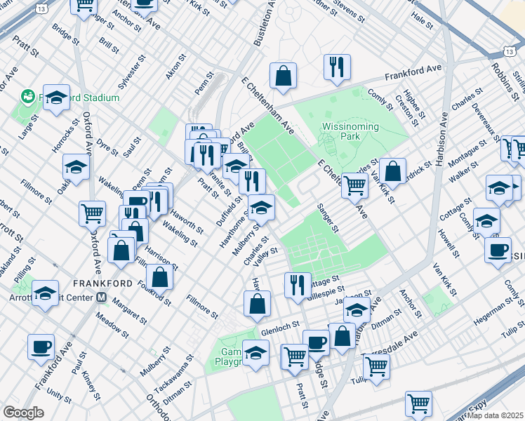 map of restaurants, bars, coffee shops, grocery stores, and more near 1743 Bridge Street in Philadelphia
