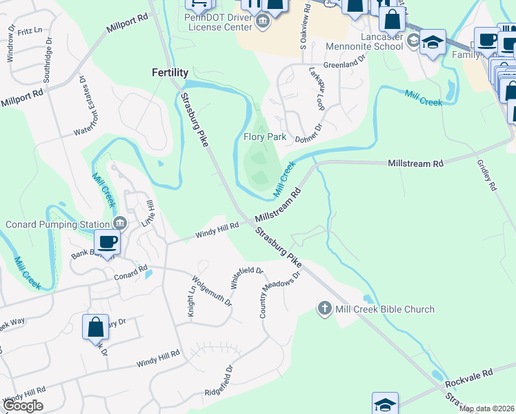map of restaurants, bars, coffee shops, grocery stores, and more near 2009 Millstream Road in Lancaster