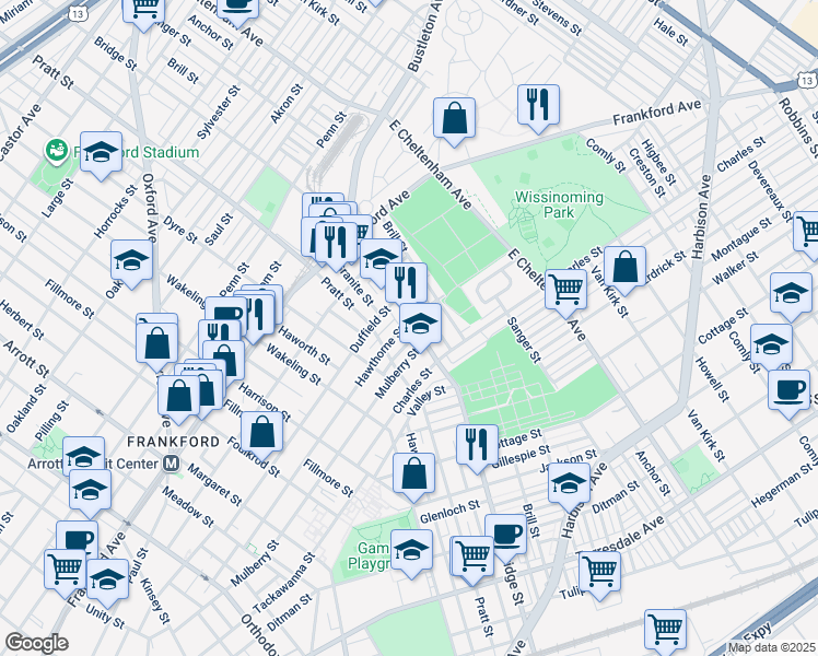 map of restaurants, bars, coffee shops, grocery stores, and more near 5241 Hawthorne Street in Philadelphia