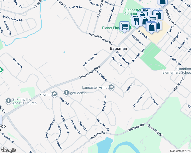 map of restaurants, bars, coffee shops, grocery stores, and more near 1703 Saint Paul Circle in Lancaster