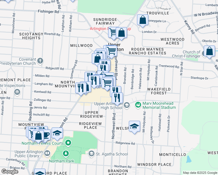 map of restaurants, bars, coffee shops, grocery stores, and more near in Upper Arlington
