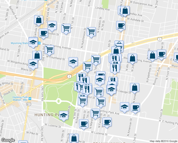 map of restaurants, bars, coffee shops, grocery stores, and more near 4505 North 8th Street in Philadelphia