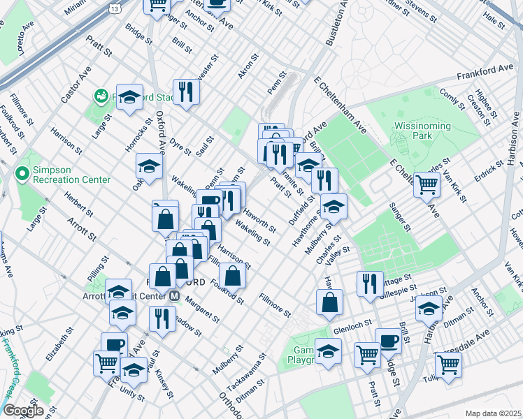 map of restaurants, bars, coffee shops, grocery stores, and more near 1632 Dyre Street in Philadelphia