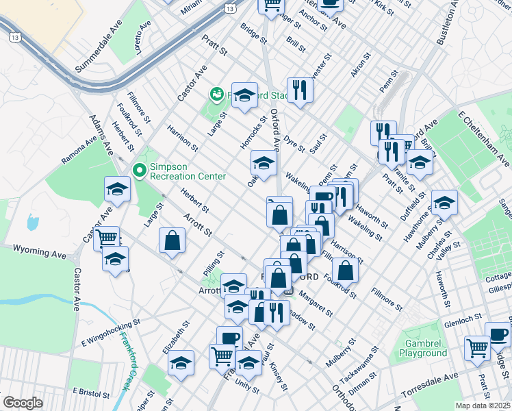 map of restaurants, bars, coffee shops, grocery stores, and more near 1333 Fillmore Street in Philadelphia