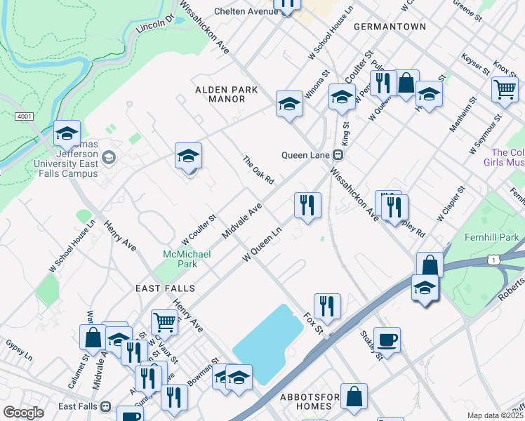map of restaurants, bars, coffee shops, grocery stores, and more near 3000 Midvale Avenue in Philadelphia