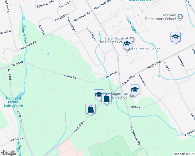 map of restaurants, bars, coffee shops, grocery stores, and more near 814 Forest Lane in Malvern