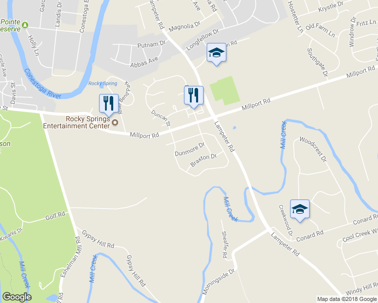 map of restaurants, bars, coffee shops, grocery stores, and more near 1547 Dunmore Drive in Lancaster