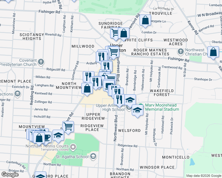 map of restaurants, bars, coffee shops, grocery stores, and more near in Upper Arlington