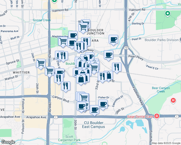 map of restaurants, bars, coffee shops, grocery stores, and more near 3233 Walnut Street in Boulder