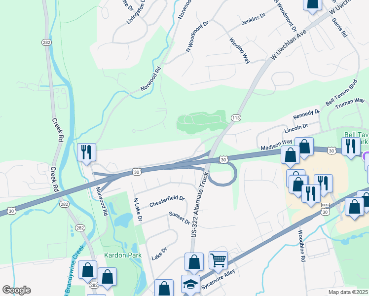 map of restaurants, bars, coffee shops, grocery stores, and more near 75 Norwood House Road in Downingtown