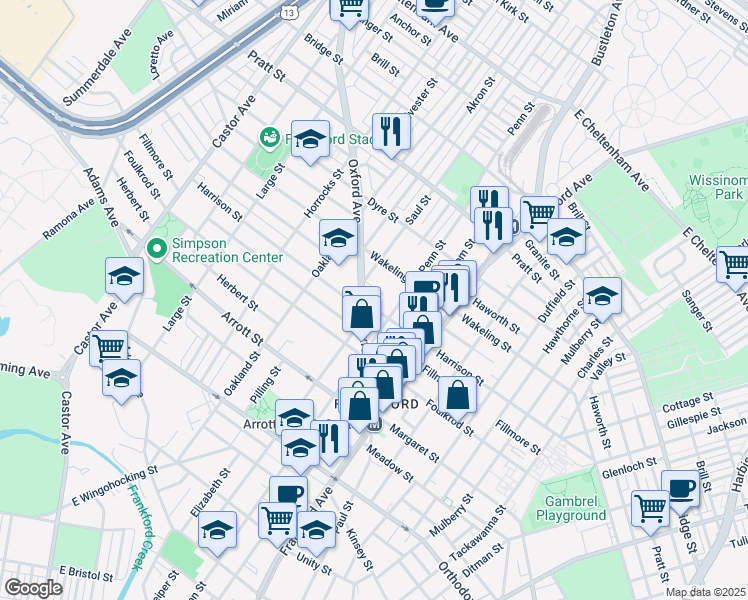 map of restaurants, bars, coffee shops, grocery stores, and more near 4901 Oxford Avenue in Philadelphia