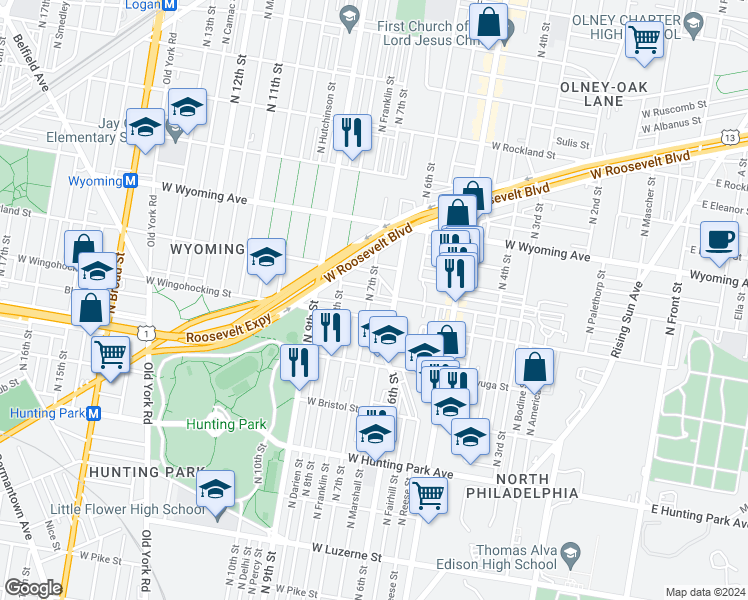 map of restaurants, bars, coffee shops, grocery stores, and more near 4521 North 7th Street in Philadelphia