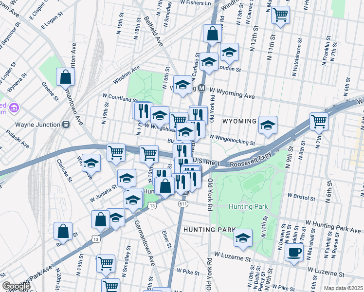 map of restaurants, bars, coffee shops, grocery stores, and more near 1422 Blavis Street in Philadelphia