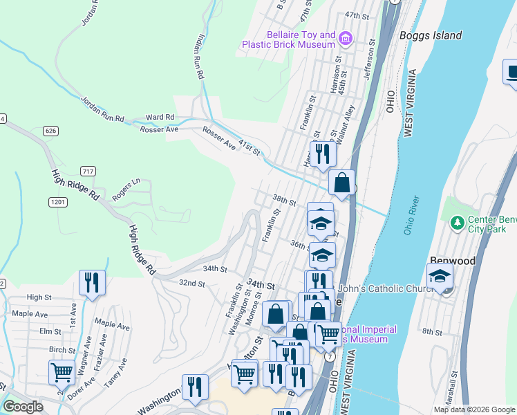 map of restaurants, bars, coffee shops, grocery stores, and more near 3601 Trumbull Street in Bellaire