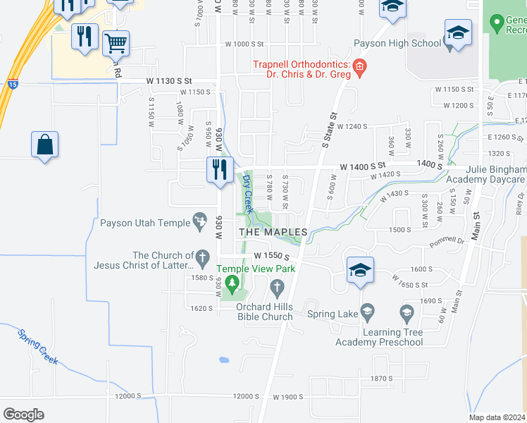 map of restaurants, bars, coffee shops, grocery stores, and more near 803 Brookside Court in Payson