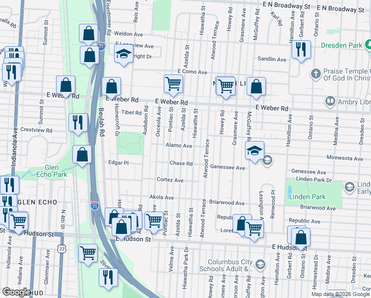 map of restaurants, bars, coffee shops, grocery stores, and more near 2691 Azelda Street in Columbus