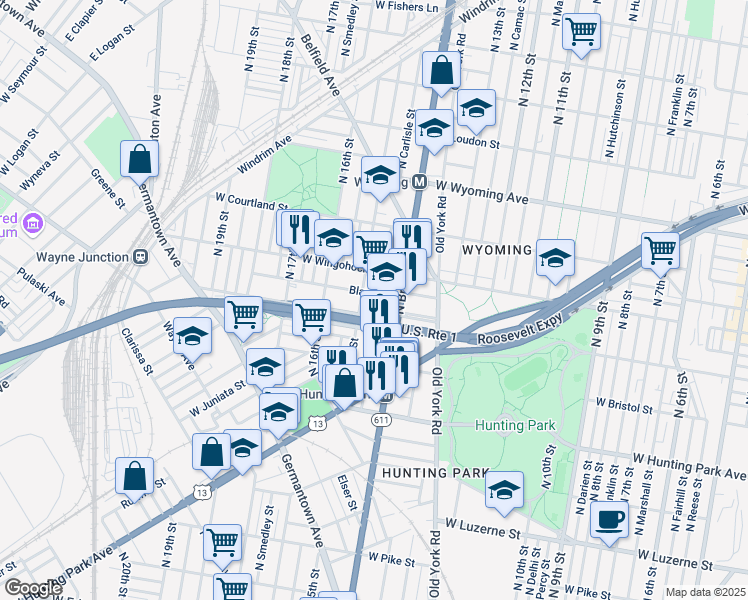 map of restaurants, bars, coffee shops, grocery stores, and more near 1435 West Cayuga Street in Philadelphia