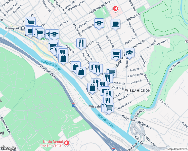 map of restaurants, bars, coffee shops, grocery stores, and more near 114 Salaignac Street in Philadelphia