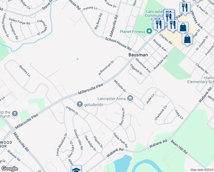 map of restaurants, bars, coffee shops, grocery stores, and more near 1698 Millersville Pike in Lancaster