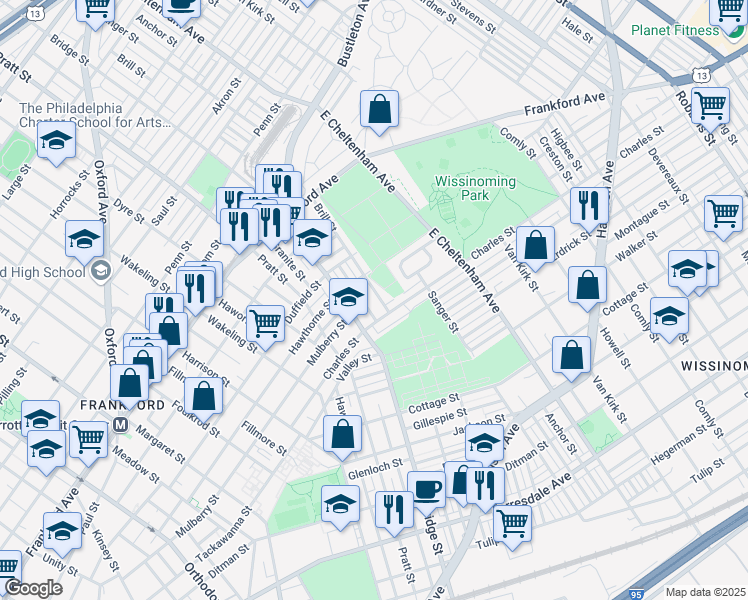 map of restaurants, bars, coffee shops, grocery stores, and more near 1766 Brill Street in Philadelphia