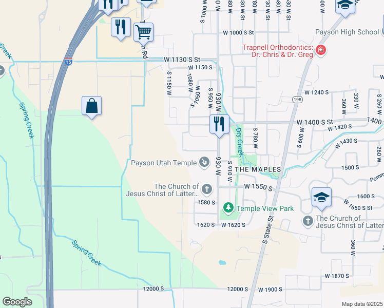 map of restaurants, bars, coffee shops, grocery stores, and more near 1051 West Temple Rim Lane in Payson