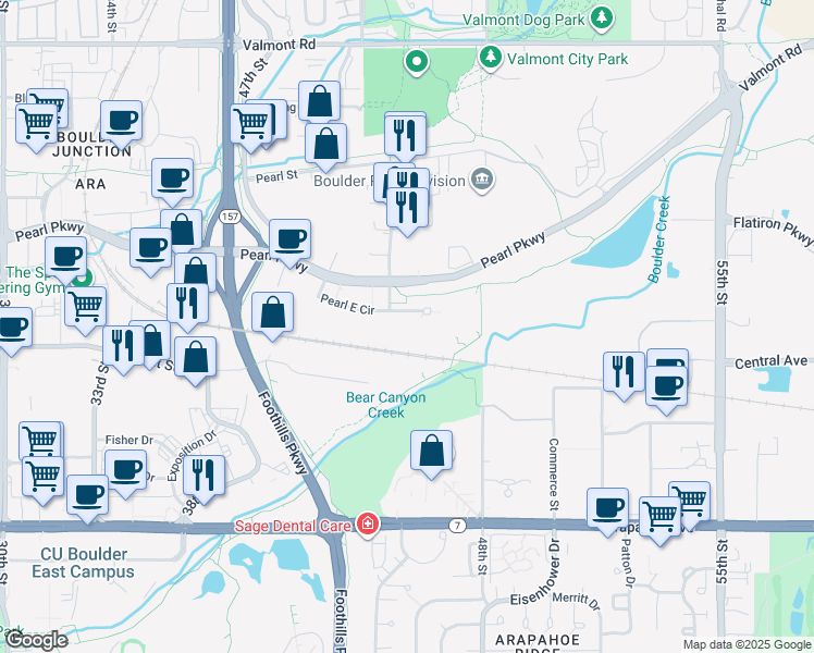 map of restaurants, bars, coffee shops, grocery stores, and more near 4900 Pearl East Circle in Boulder
