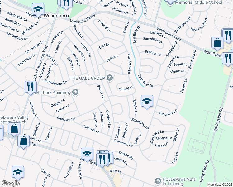 map of restaurants, bars, coffee shops, grocery stores, and more near 44 Eden Rock Lane in Willingboro