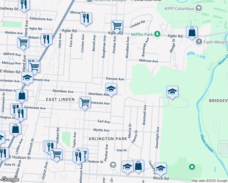 map of restaurants, bars, coffee shops, grocery stores, and more near 2550 Perdue Avenue in Columbus