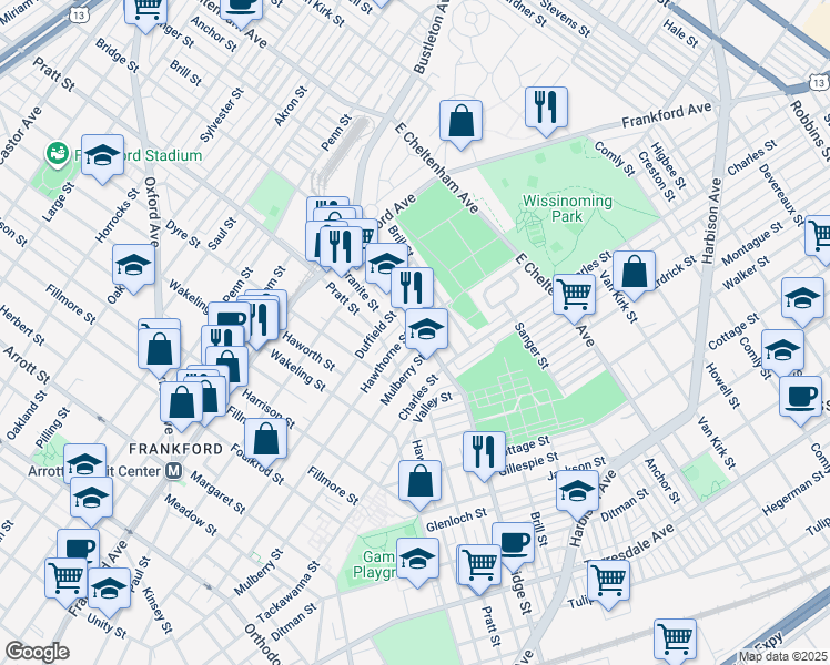 map of restaurants, bars, coffee shops, grocery stores, and more near 5241 Hawthorne Street in Philadelphia