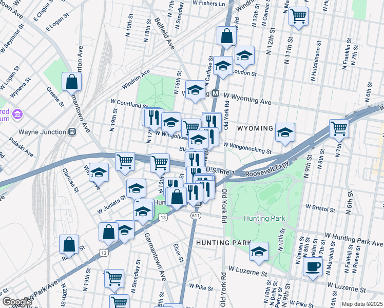 map of restaurants, bars, coffee shops, grocery stores, and more near 1430 Blavis Street in Philadelphia