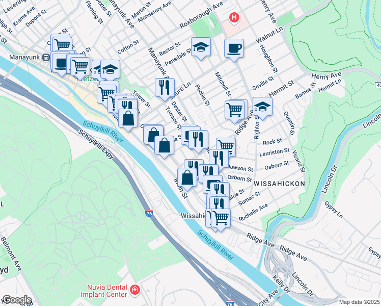 map of restaurants, bars, coffee shops, grocery stores, and more near 3862 Terrace Street in Philadelphia