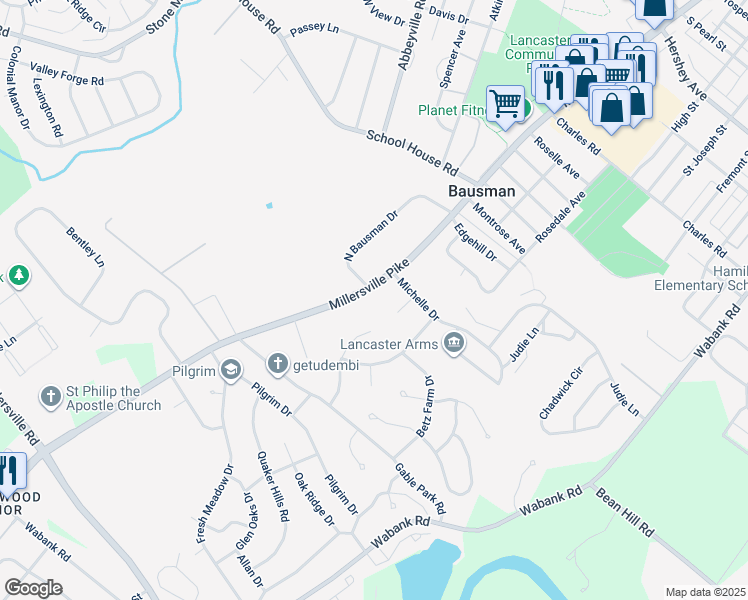 map of restaurants, bars, coffee shops, grocery stores, and more near 1698 Millersville Pike in Lancaster