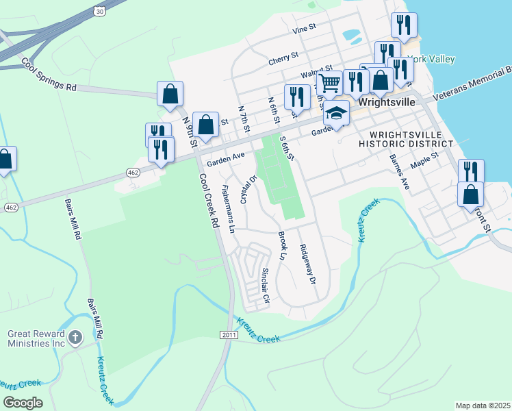map of restaurants, bars, coffee shops, grocery stores, and more near 120 Brook Lane in Wrightsville