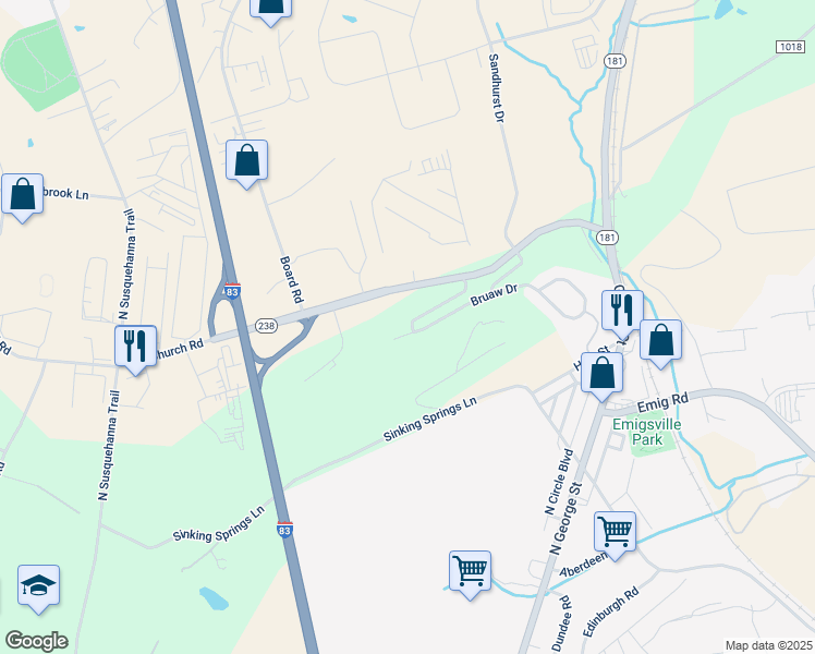 map of restaurants, bars, coffee shops, grocery stores, and more near 373 Bruaw Drive in York