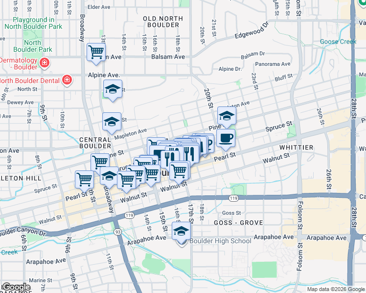 map of restaurants, bars, coffee shops, grocery stores, and more near 1722 Spruce Street in Boulder