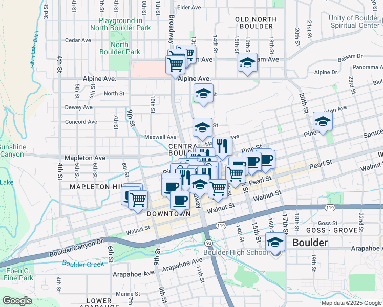 map of restaurants, bars, coffee shops, grocery stores, and more near in Boulder