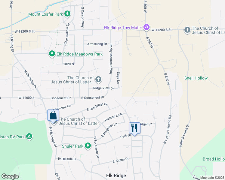 map of restaurants, bars, coffee shops, grocery stores, and more near 734 Kasen Circle in Elk Ridge