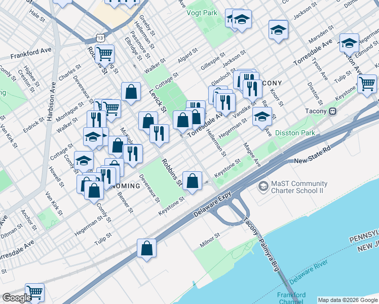 map of restaurants, bars, coffee shops, grocery stores, and more near 6356 Edmund Street in Philadelphia