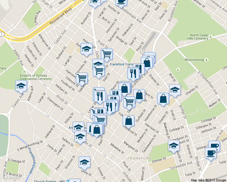map of restaurants, bars, coffee shops, grocery stores, and more near 4904 Griscom Street in Philadelphia