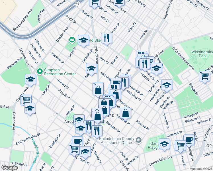 map of restaurants, bars, coffee shops, grocery stores, and more near 4904 Griscom Street in Philadelphia
