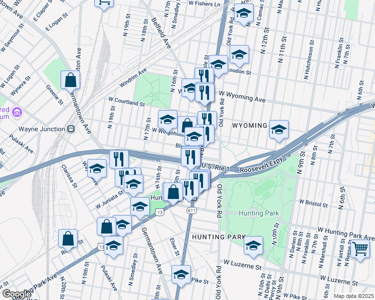map of restaurants, bars, coffee shops, grocery stores, and more near 1435 West Cayuga Street in Philadelphia