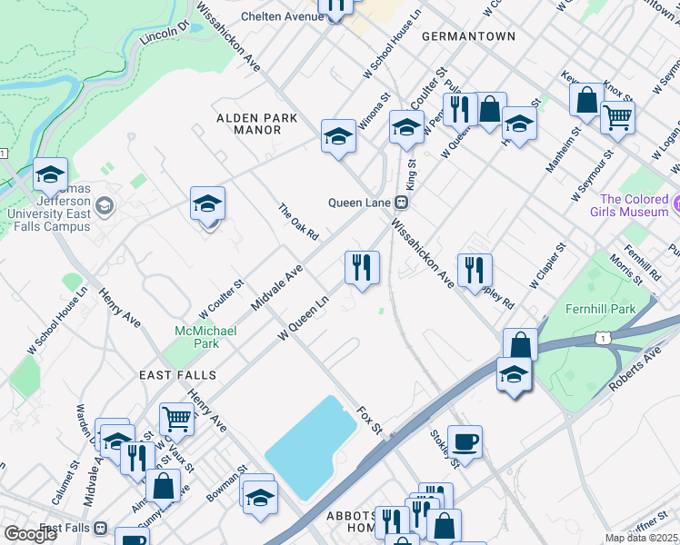 map of restaurants, bars, coffee shops, grocery stores, and more near 2966-2998 West Queen Lane in Philadelphia