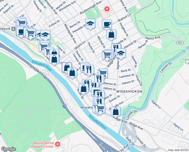 map of restaurants, bars, coffee shops, grocery stores, and more near 3816 Manor Street in Philadelphia