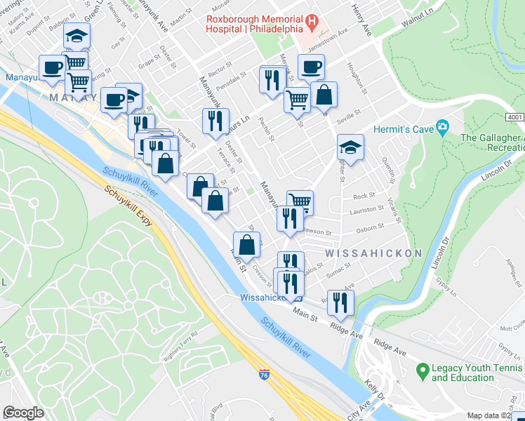 map of restaurants, bars, coffee shops, grocery stores, and more near 114 Salaignac Street in Philadelphia