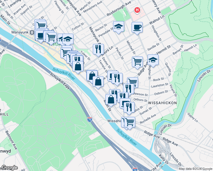 map of restaurants, bars, coffee shops, grocery stores, and more near 3811 Cresson Street in Philadelphia
