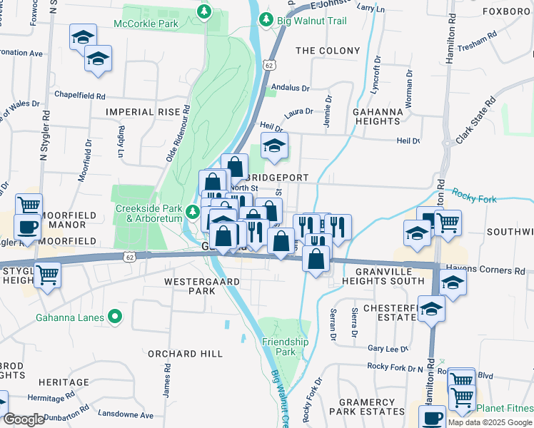 map of restaurants, bars, coffee shops, grocery stores, and more near 95 Shepard Street in Gahanna