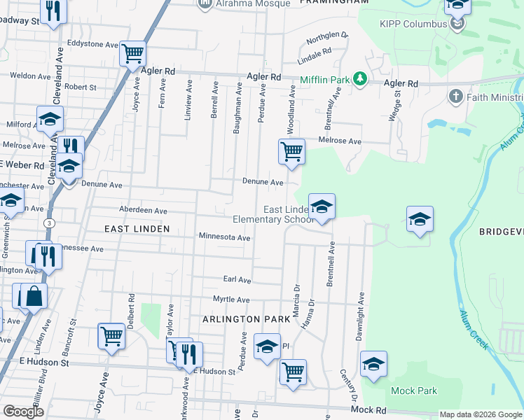 map of restaurants, bars, coffee shops, grocery stores, and more near 2550 Perdue Avenue in Columbus