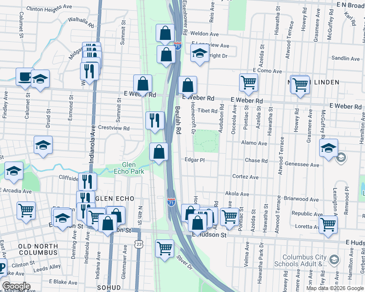 map of restaurants, bars, coffee shops, grocery stores, and more near 2722 Beulah Road in Columbus